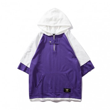 CPK06#纯棉拼色带帽子T恤衫