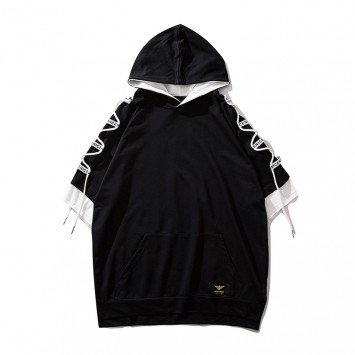 CPK111#拼色袖带帽圆领T恤衫