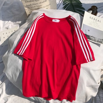 CPW001#带条杠纯色短袖圆领T恤