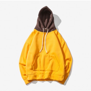 CPHL915#拼色抽绳带帽套头加绒卫衣